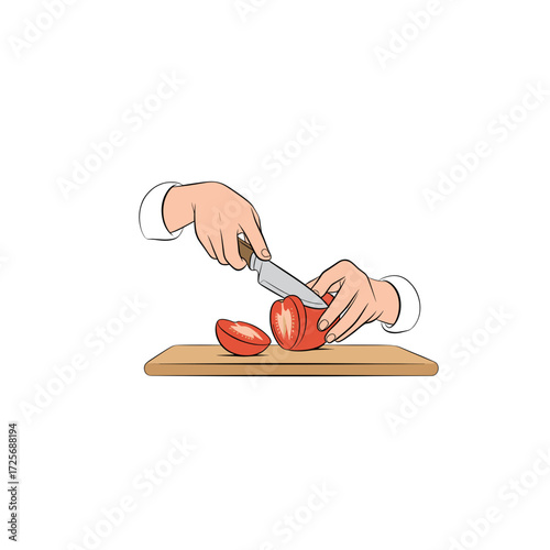 Hands of a chef slicing a fresh tomato on a wooden cutting board