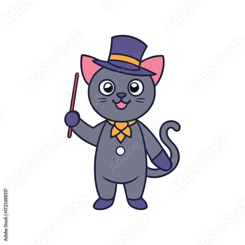 Whimsical cat magician with a wand and hat