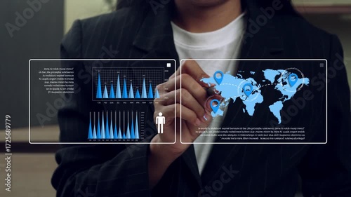 Business professional analyzing global market dashboard with location markers and data charts, representing geographic intelligence, market tracking and business analytics for infographic video and co