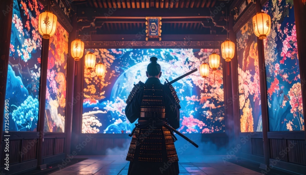 Obraz premium Samurai Warrior with Katana in Japanese Temple with Night Scene.