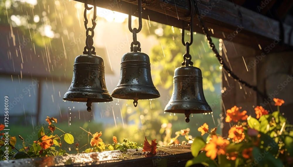 Obraz premium Three bells in rain, sunlight, flowers