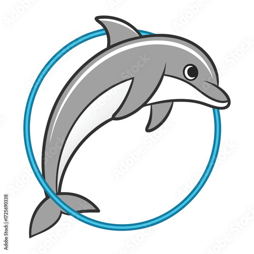 Dolphin jumping hoop in flat style on white background