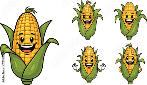 Happy cartoon corn cob characters, cute maize vegetable mascots, funny smiling corn illustrations, adorable food clipart for kids design projects