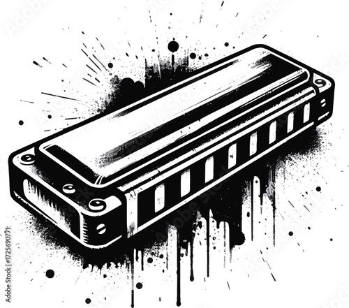  A bold monochrome illustration of a harmonica with spray paint splatters and drips, delivering a gritty, urban vibe. Ideal for music, street art, or creative design projects