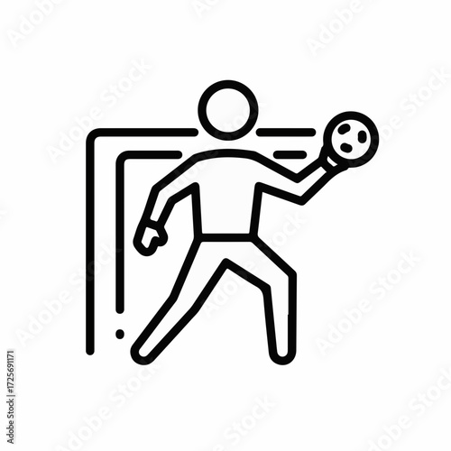 Athletic figure in motion, throwing a ball towards a goal in a stylized sport illustration.