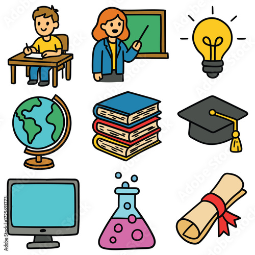 Hand-drawn cartoon education icon set isolated on white background. Student, teacher, brainstorm, globe, books, graduation hat, computer monitor, laboratory flask, diploma. Vector illustration.