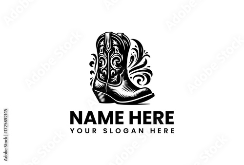 Ornate Western Boot Logo Design with Intricate Details.