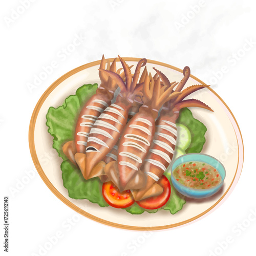 Grilled Squid with Spicy Sauce – Seafood Vector