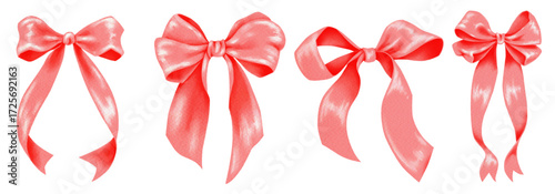 Vector set of red watercolor bows made of ribbons in various festive shapes and styles for creative projects scrapbooking and decorative design elements