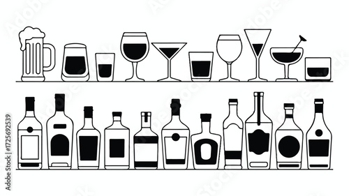 A black and white illustration of a collection of alcohol bottles and drinking glasses arranged in two rows 