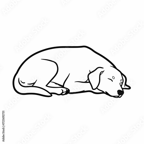 Peaceful dog resting in a simple line drawing, conveying comfort and calm.