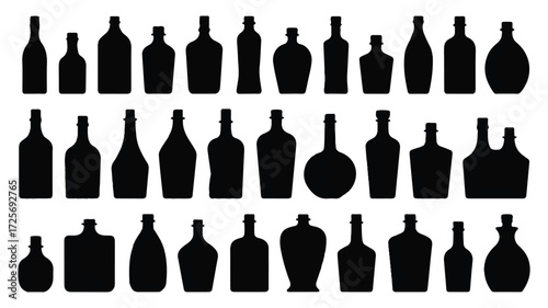 A black and white silhouette illustration of various liquor bottles arranged in three rows against a white background