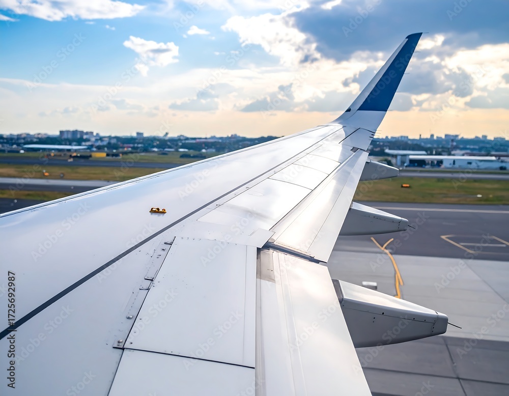 Obraz premium Airplane wing on tarmac, city view