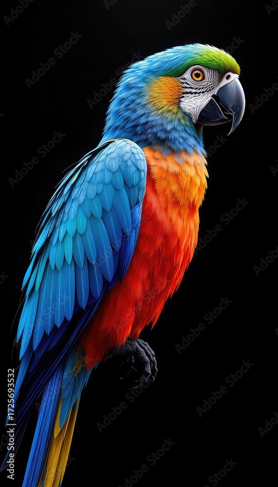 Obraz premium Brilliant Colors on a Tropical Parrot Perched Against a Dark Backdrop, a Stunning Avian Portrait