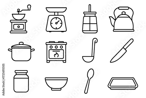 Essential kitchen tools: outline icons of everyday cooking items for modern kitchens