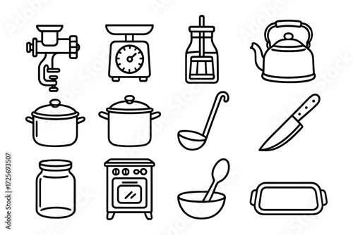 Kitchen essentials outline set: cookware, utensils, and appliances in simple line art
