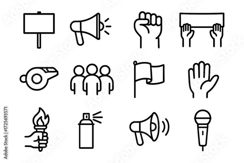 Minimalist icon set of protest and activism symbols in linear style