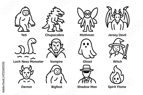 Line art icons of mythical creatures including bigfoot, mothman, and loch ness monster