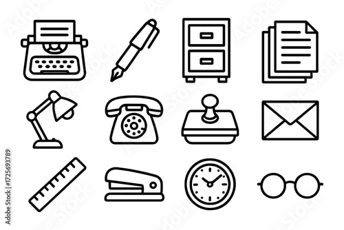 Classic office icons collection featuring minimalist outline design