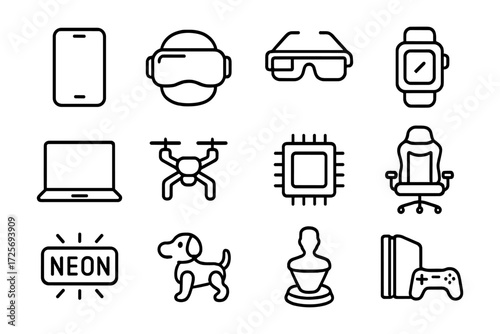 Modern technology icons: gadgets and devices in minimalist linear design