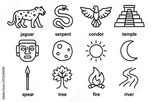 Ancient symbols and icons of mesoamerican culture in linear style
