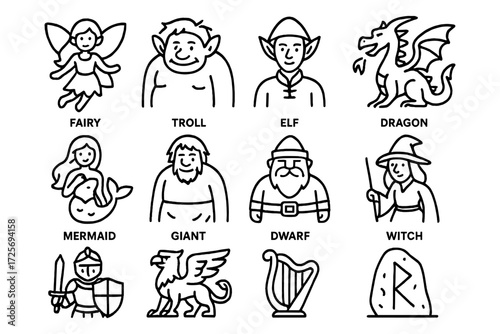 Whimsical fantasy characters: fairy, troll, elf, and more in linear design