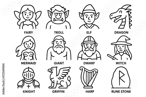 Fantasy characters collection: linear icons of mythical creatures and figures