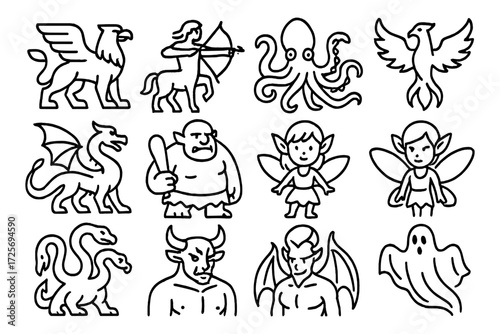 Mythical creature icons in outline style featuring dragon, fairy, and minotaur
