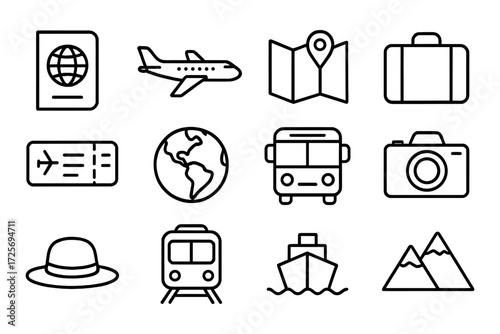 Travel icons: linear style passport, airplane, map, and more