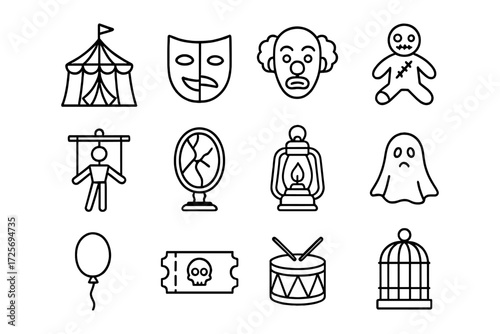 Circus and halloween themed line icons: mask, clown, puppet, ghost, tent, and more