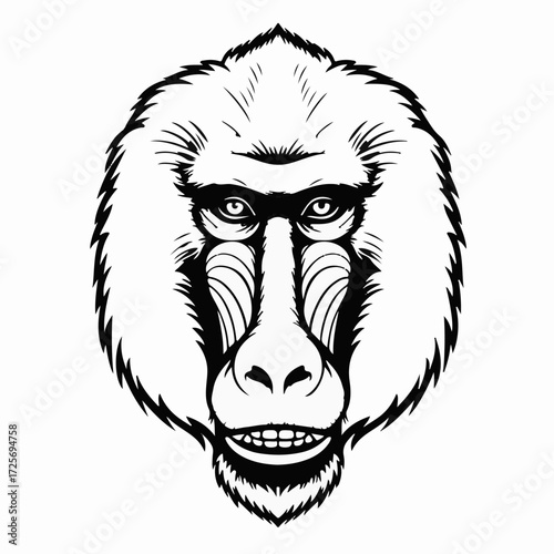 Intense close-up portrait of a baboon's face with striking eyes and bared teeth.