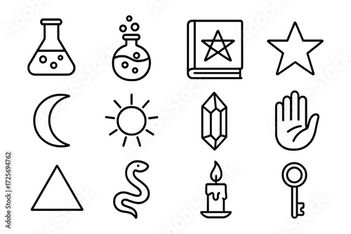 Mystical linear icons collection featuring symbols of alchemy, astrology, and esoteric themes