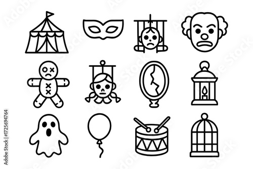 Creepy circus elements: masks, puppet, clown, voodoo doll, ghost, cage, drum, broken mirror