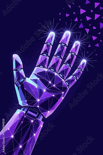 Futuristic robotic hand illuminated with vibrant purple and blue glows, perfect for technology, AI, or innovation concepts and designs in a modern, digital world