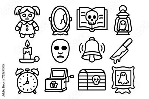 Spooky halloween icons with creepy elements in linear style