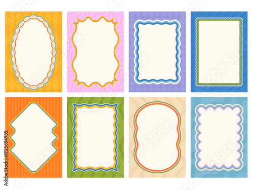 Wavy frames. Decorative colorful frame with curly border and pattern background. Empty card templates for invitations, scrapbooking and photo framing vector set