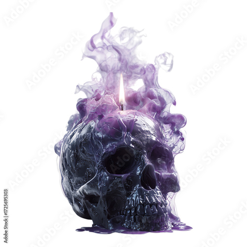 Mysterious skull candle with swirling purple smoke and a glowing flame against a white background.