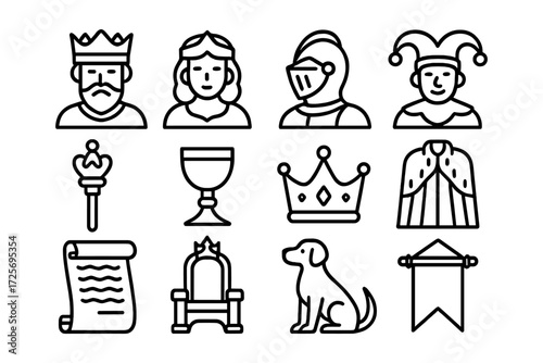 Medieval icons set featuring royalty, knight, jester, scepter, and more in linear design
