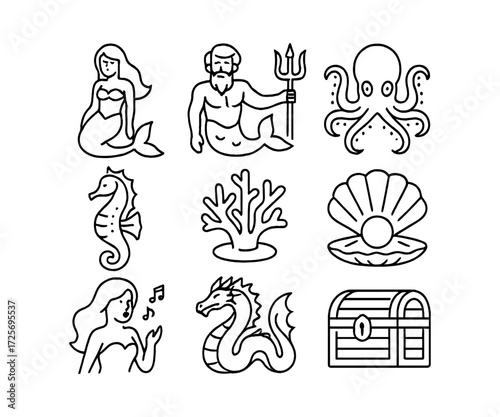 Underwater icons: mythical sea creatures, marine life, and treasures in minimalist line art