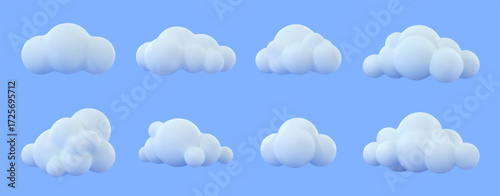 White fluffy 3D clouds. Cartoon puffy cumulus shapes, floating abstract bubble soft cloud and cloudy weather symbol icons. Isolated dreamy cloudscape elements vector set
