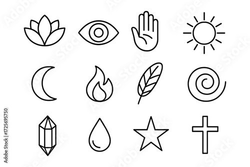 Minimalist icons set: nature, spirituality, and symbols for modern design