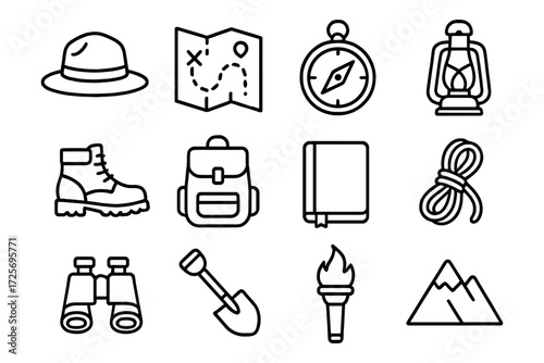 Essential camping icons: gear and tools for outdoor adventures