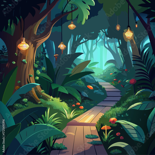 Enchanting fantasy jungle pathway illuminated by magical glowing fireflies digital art