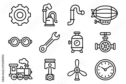 Vintage steam tech icons in linear style for engineering and retro design