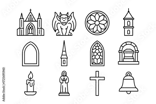 Set of gothic cathedral icons featuring gargoyle, stained glass, and rose window in linear style