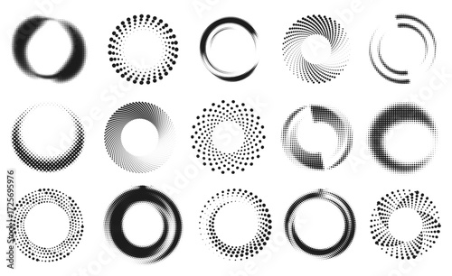 Halftone circular frames. Abstract dotted circle borders, round gradient rings and blurred swirl radial shapes with geometric half tone effect. Retro dotwork frame vector set