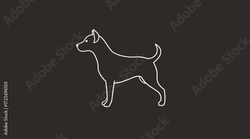 A minimalist line drawing of a small dog, standing alertly, profile view, against a dark background.