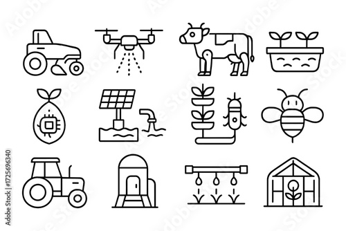 Linear icons of modern farming technology and sustainable agriculture innovations