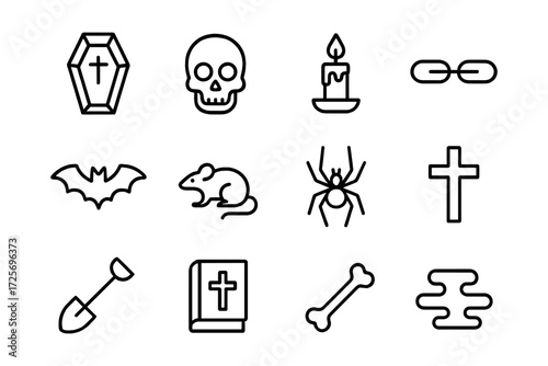 Halloween icons collection: spooky symbols in bold linear style