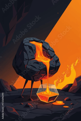 Vibrant molten lava flowing from stylized rock formation into modern glass container against a fiery orange backdrop in surreal landscape illustration